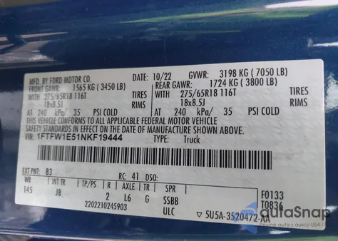 2022 Ford F-150 Xl z USA, uszkodzony, nr VIN 1FTFW1E51NKF19444